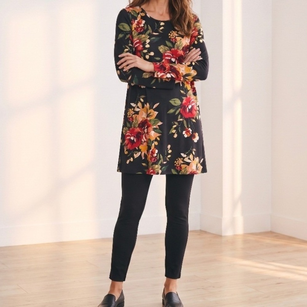 Sweet Lovely by Jen Womens Floral Long Sleeve Tunic Top Mini LBD Dress Black XL